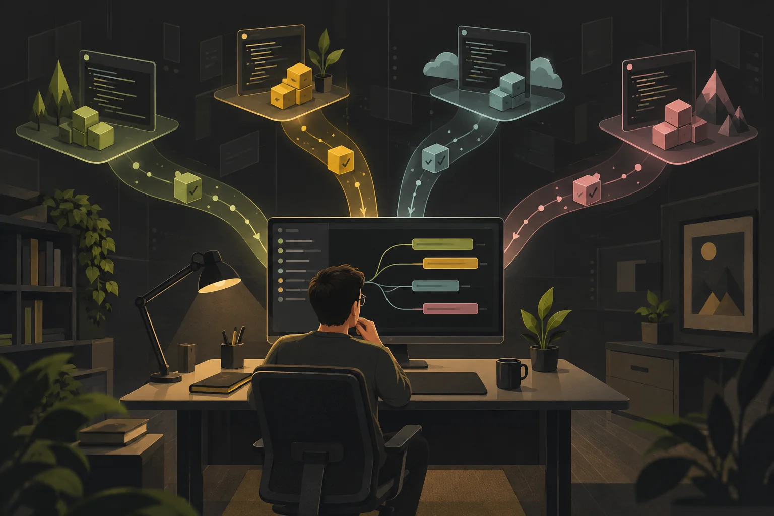 A developer coordinating several coding workstreams from a central workstation