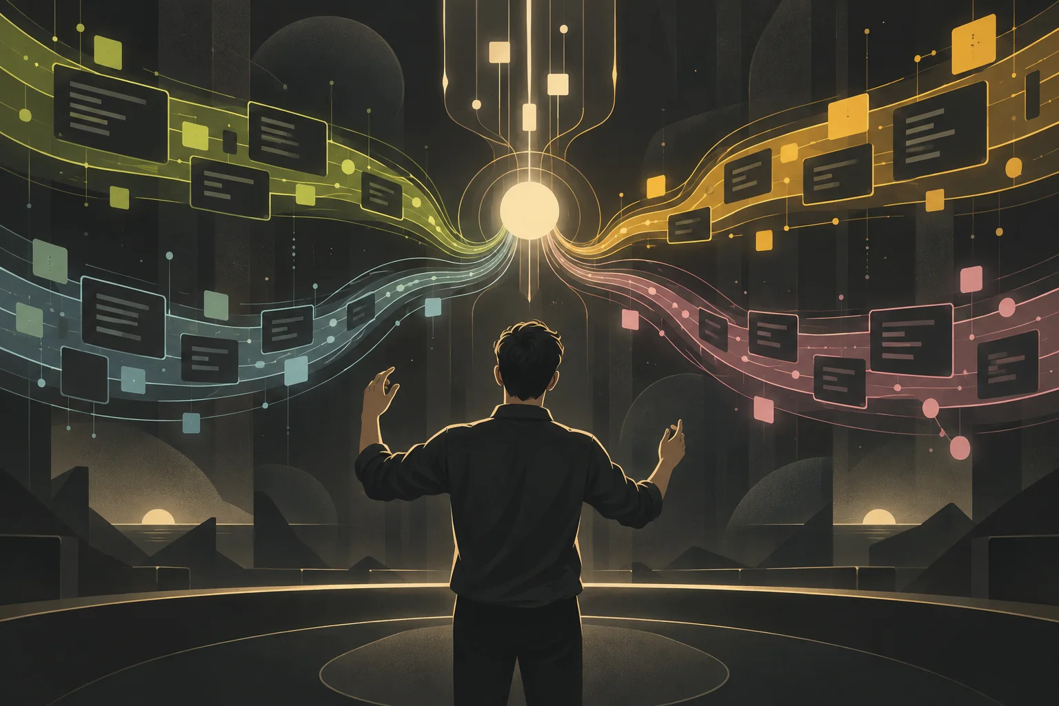 A developer conducting several luminous streams of software work into a unified system