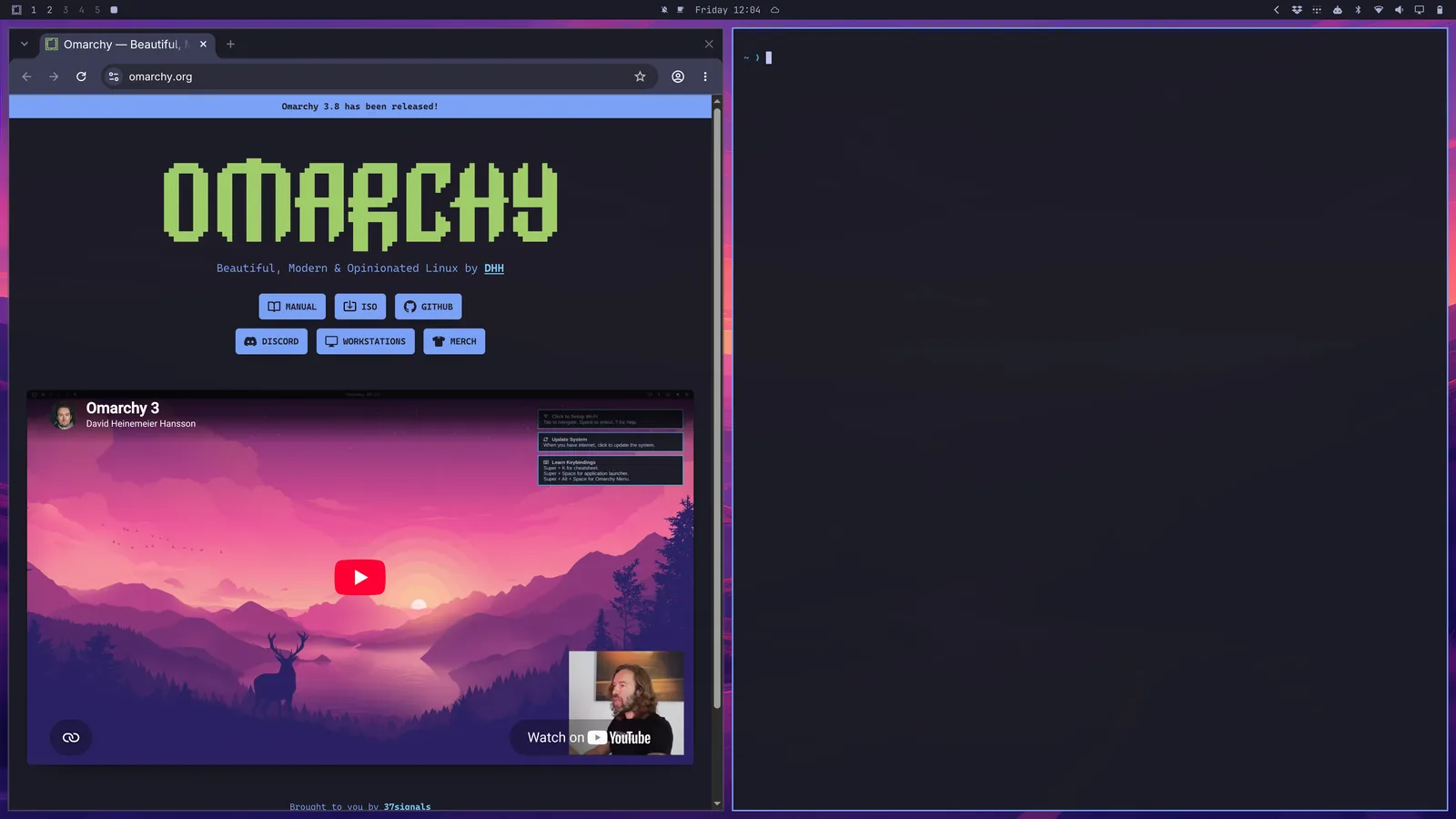 A browser and terminal tiled side by side in Omarchy